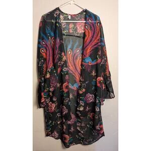 Live 4 Truth Kimono Sheer Black Purple Peacock Feather Floral Print 1X Topper